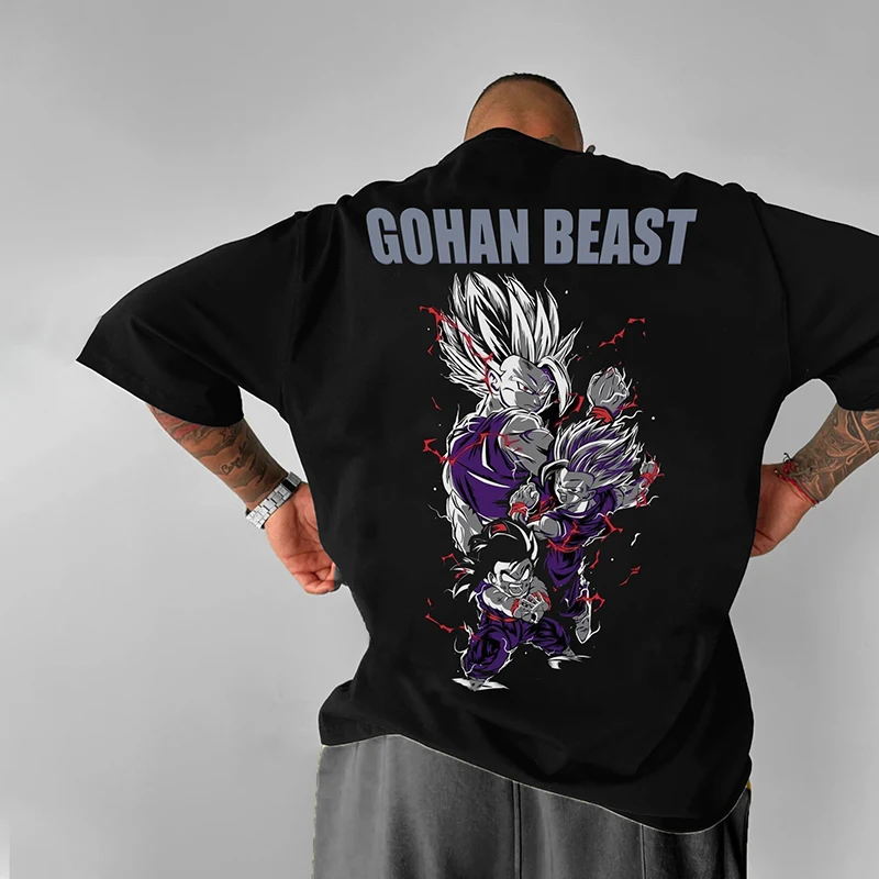 GOHAN BEAST Dragon Ball Majin Buu Camiseta extragrande de algodón puro con estampado de Anime, Top de manga corta para hombre