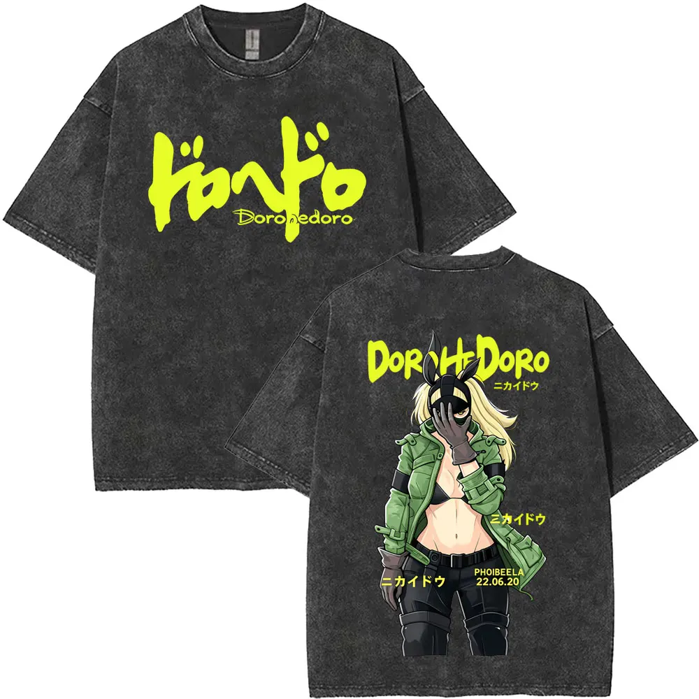 Anime Dorohedoro Kaiman Vintage Washed T-shirt Men Women Cool Manga Rock T-shirts Gothic Horror Tee Shirt Oversized Streetwear