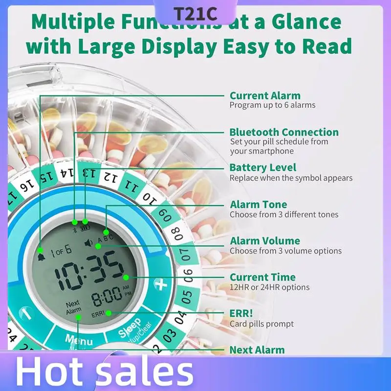 

T21C Sound& Light Reminder Equipped Pill Dispenser, 28-Day Electronic Locked Box, Automatic For Elderly With Alarm