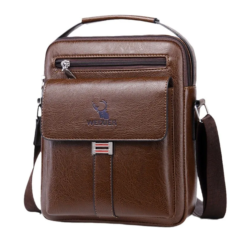 Men Multifunctional Leather Shoulder Bag Multi Pocket Crossbody Messenger Bag Business Travel Handbag with Top Handle Black
