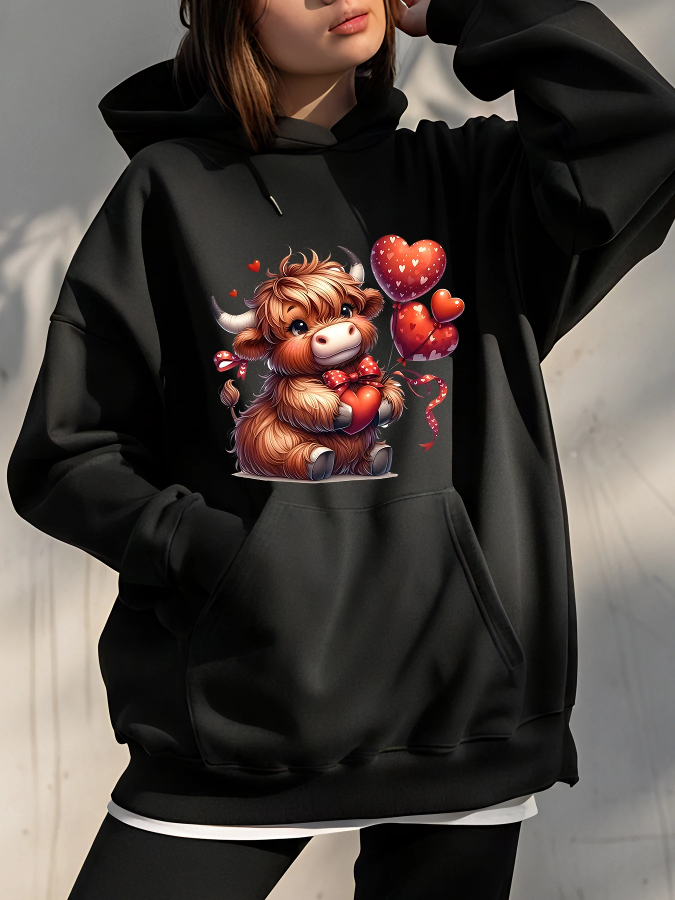 

Милая толстовка с капюшоном на День святого Валентина и принтом коровы для женщин, повседневная одежда на День святого Валентина, подарок, модная одежда унисекс