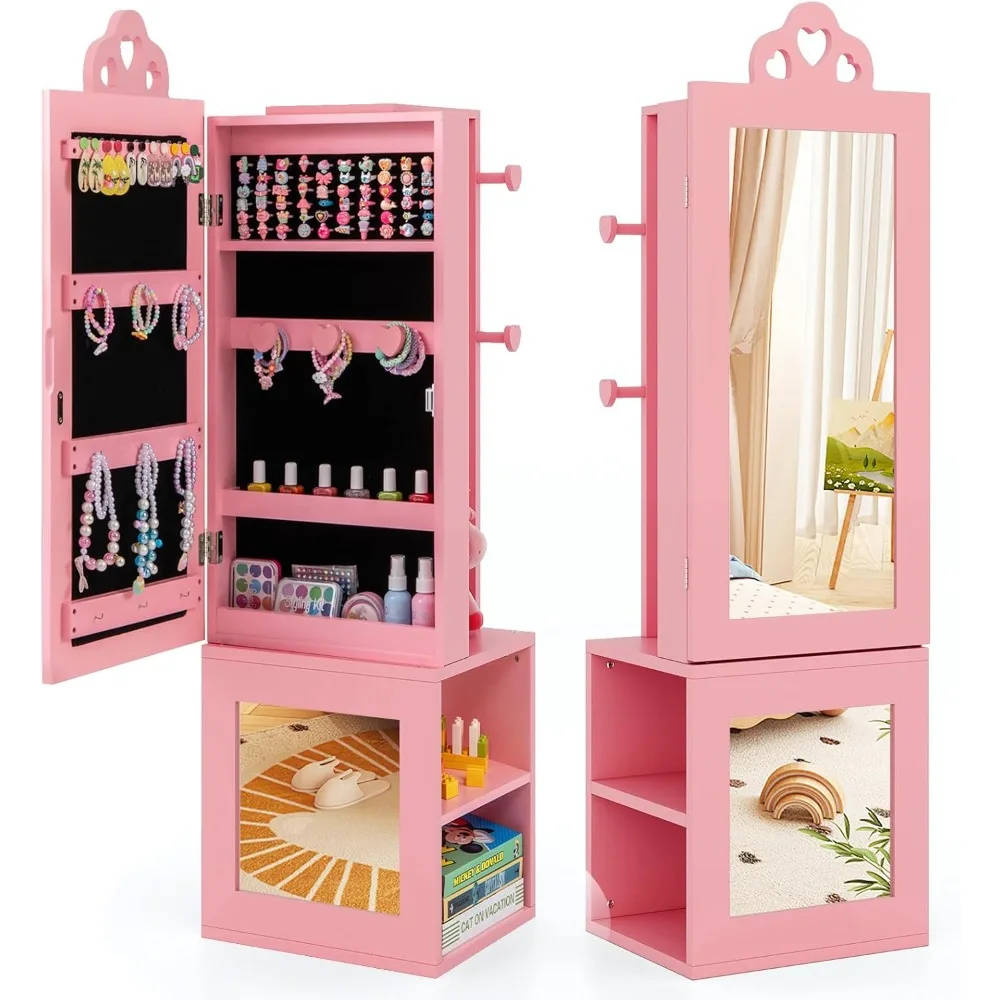 Jewelry Armoire Cabinet, Wooden Standing Jewelry Organizer w/Full-length Mirror and Garment Rack, 2 Tier Storage