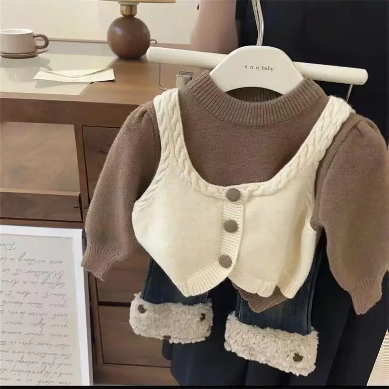 

2025Autumn Winter New Girls Sweater Girl Pullover Tops Baby Girl Fake Two Pieces Long Sleeve Knitted Sweater