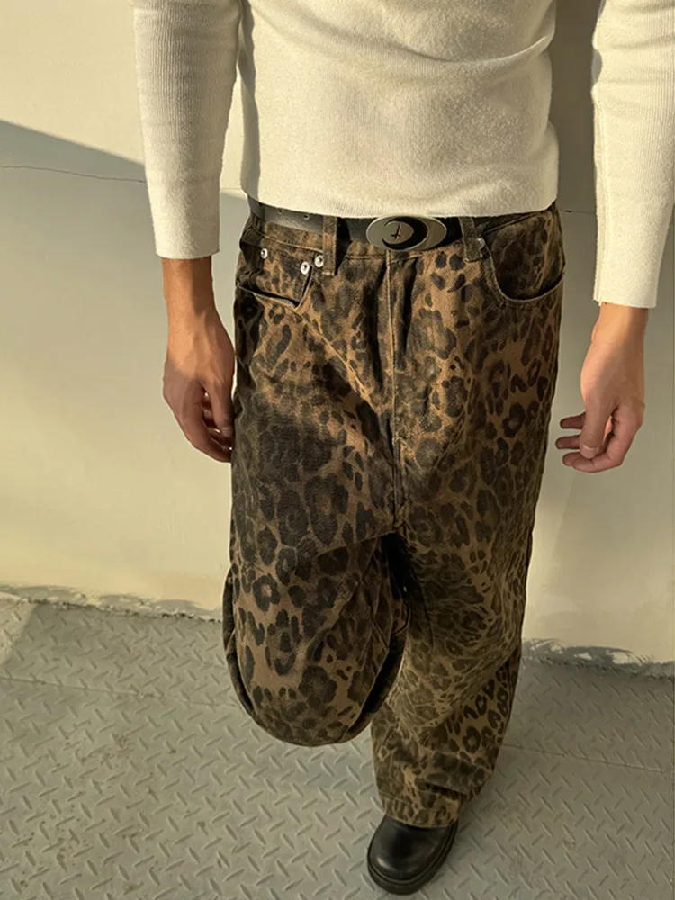 

Trendy Straight Leg Men's Denim Jeans Spring Autumn High Street Vibe Leopard Print Hip Hop Faion Personalized Long Pants