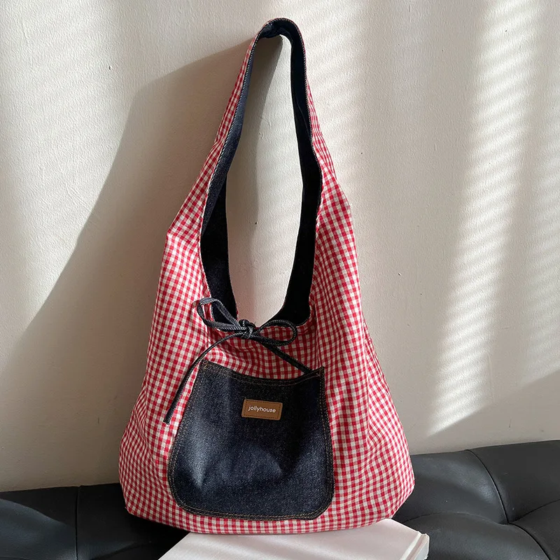 

New Reversible Tote Bag Denim Plaid AB Two Side Large Capacity Shoulder Versatile Student School Book Bag Casual Commute Bag