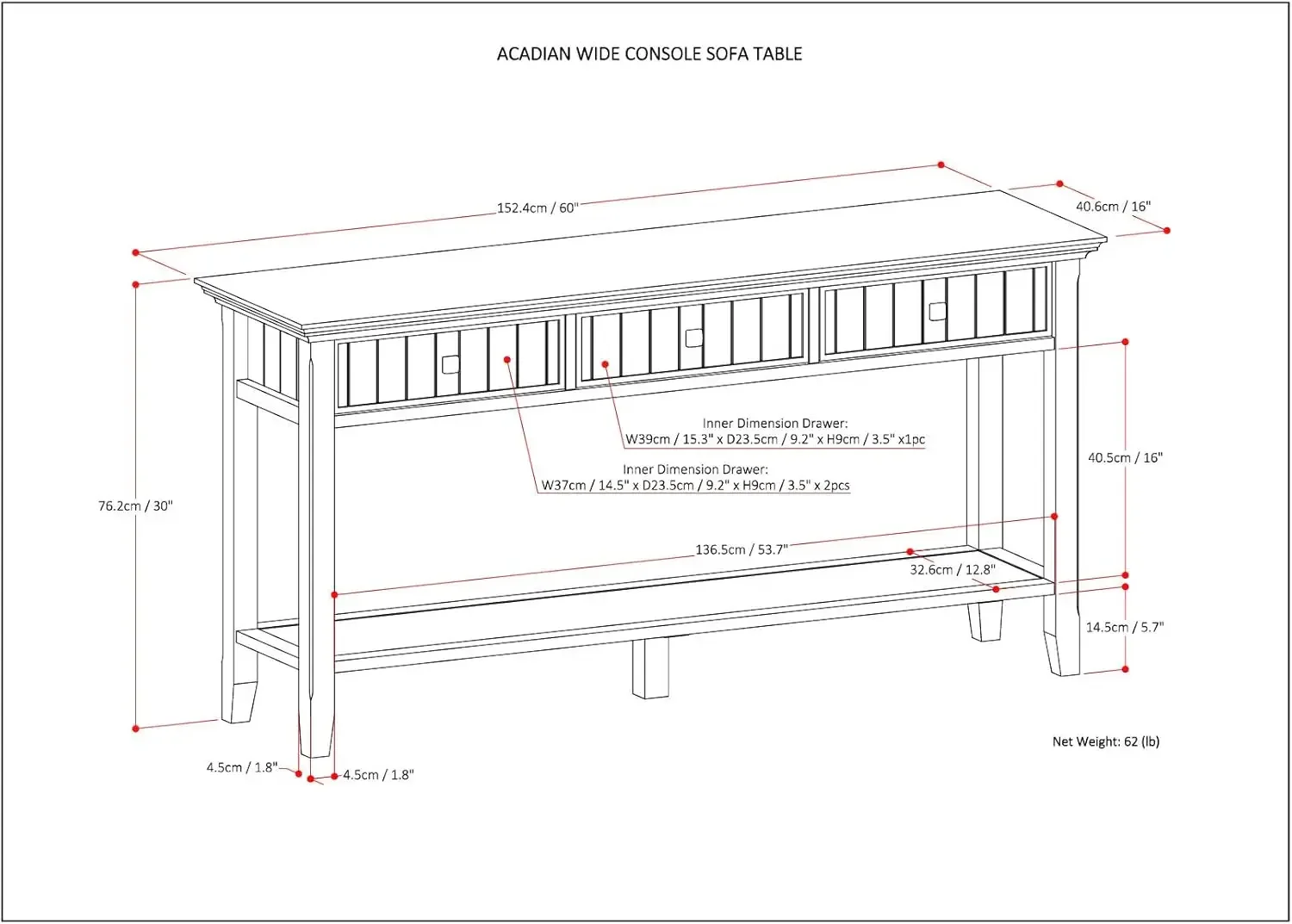 الأكاديان الخشب الصلب 60 بوصة واسعة الانتقالية الحديثة واسعة وحدة التحكم أريكة مدخل الجدول باللون البني سمراء مع التخزين،