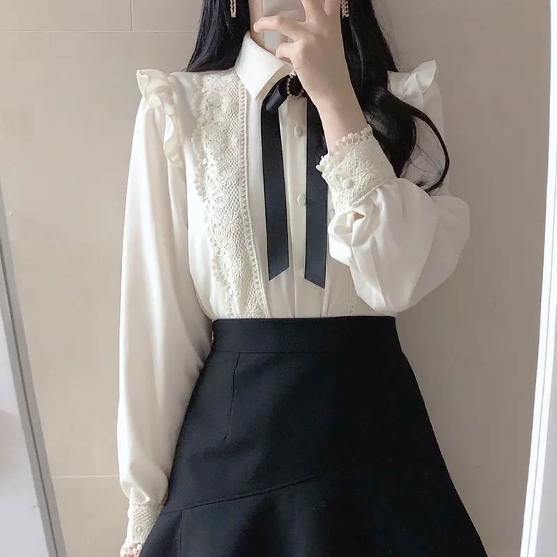 

Sweet temperament lace shirt spring and autumn new style long sleeved bow chiffon white shirt doll collar
