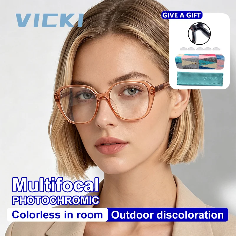 Lunettes VICKI Minimalistes Classiques à Design Géométrique, Progressives Multifocales, Photochromiques, Anti-Lumière Bleue, Personnalisables avec Prescription