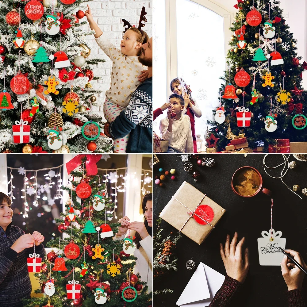 60Pcs Christmas Natural Wooden Chip Santa Claus Snowflake DIY Crafts Set Xmas Tree Hanging Ornament Pendant for Home Decorations