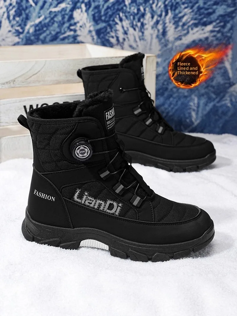 Men's Winter Snow Boots Fleece Lined Fur Integrated High Top Warmth Cotton Boots Leather And Fur Booties Casual Mid-Cut Boots