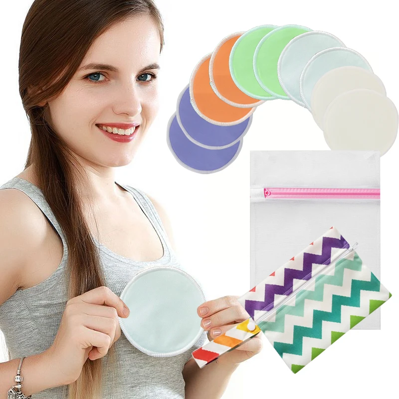 Bamboo Reusable Nursing Pads Plain Color Women Washable Breastfeeding Pad 10pcs with 1pc Waterproof Pouch and 1pc Washing Bag