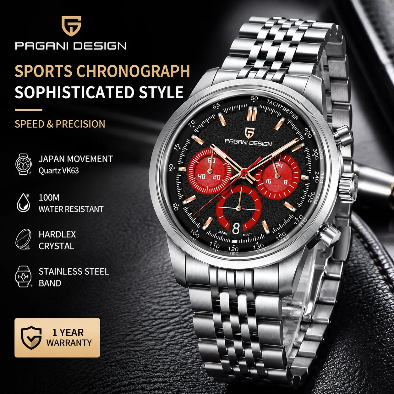 PAGANI DESIGN PD‑1827 Men Chronograph Wristwatch Stainless Steel Waterproof Luminous Multi‑Function Calendar Sport Male Watch Re