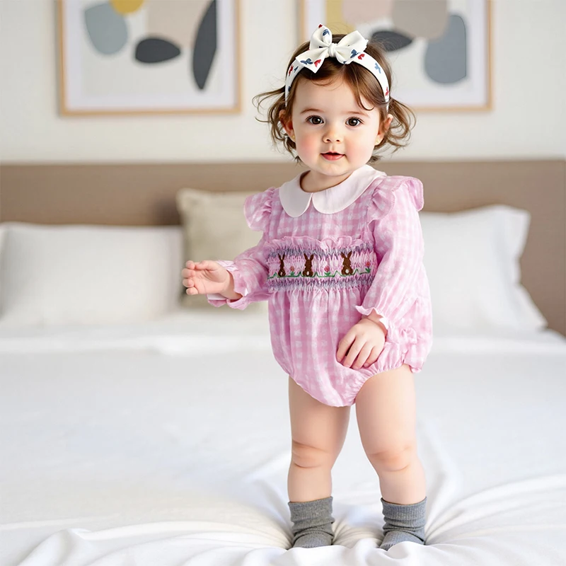 

Baby Girl Sweet Plaid Romper Easter Long Sleeve Doll Collar Bunny Embroidery Romper