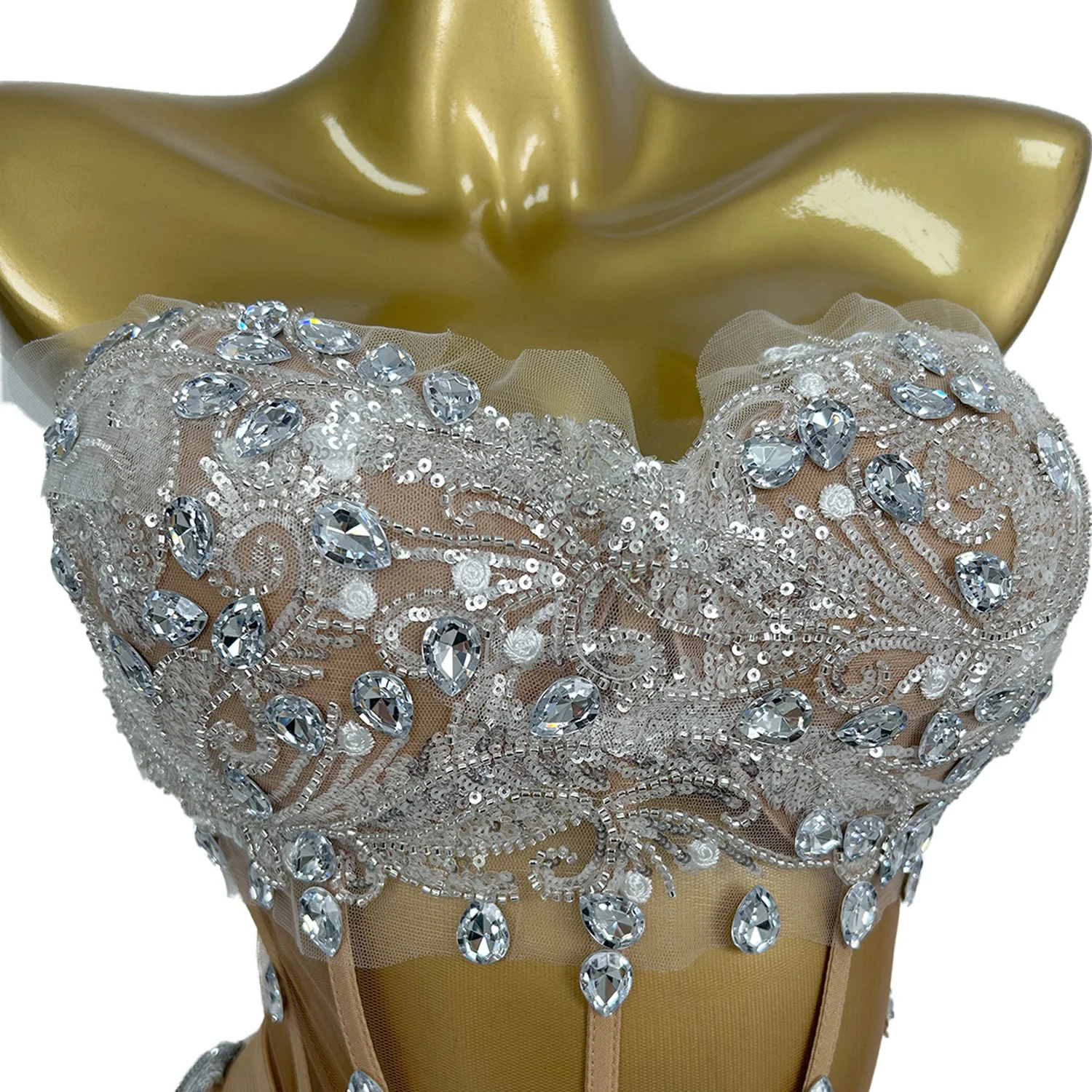 Rok Mini Atasan Crop Tanpa Tali Rumbai Payet Berlian Imitasi Set 2 Potong Pakaian Punggung Terbuka Wanita Seksi Pakaian Pemotretan Pesta Wenrou