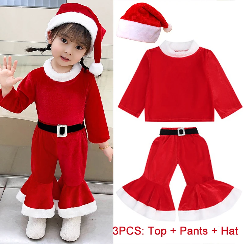 New Year Toddler Baby Girls Christmas Elk Fleece Costume Red Santa Claus Long Sleeve Princess Dresses With Hat & Shawl Xmas