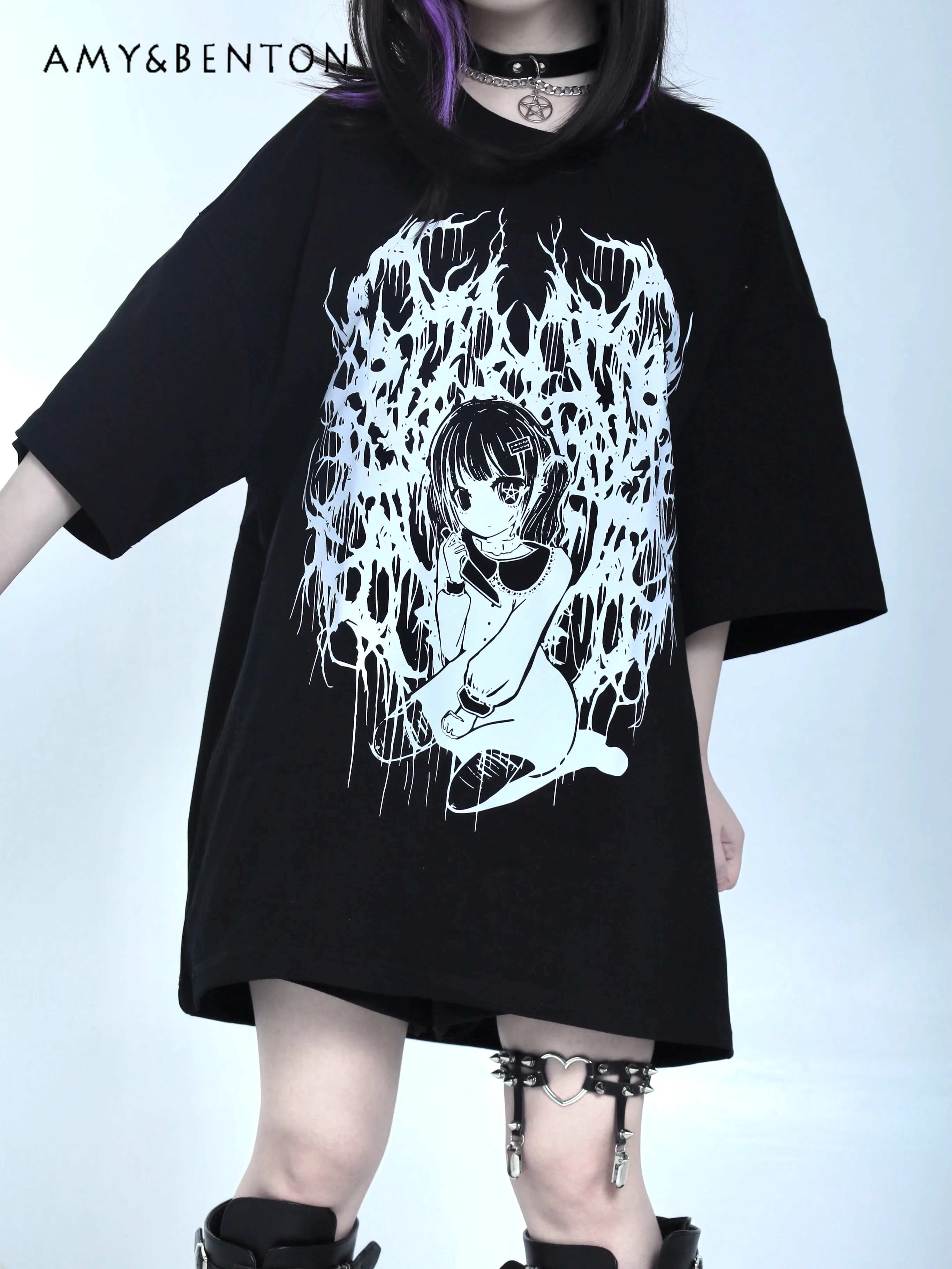 High Street Black Anime Print Subculture Short-Sleeved Tops Summer Harajuku Gothic Round Neck Oversized T Shirt Hot Girl Y2k Top