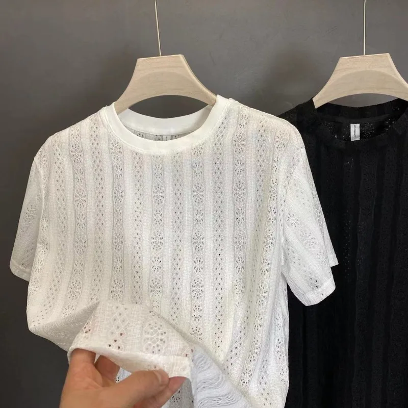 Mens T-shirts Mesh Breathable Hollow Out Knitted O-Neck Lightweight Crochet Elasticity Streetwear Loose -fit Black White T-shirt