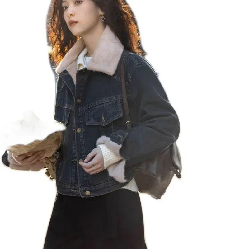 Denim Coats Woman Oversize Fur Plush Womens Fall Slim Fit Elegant Preppy Style Professional Office Anti-Odor Drawstring Quilted