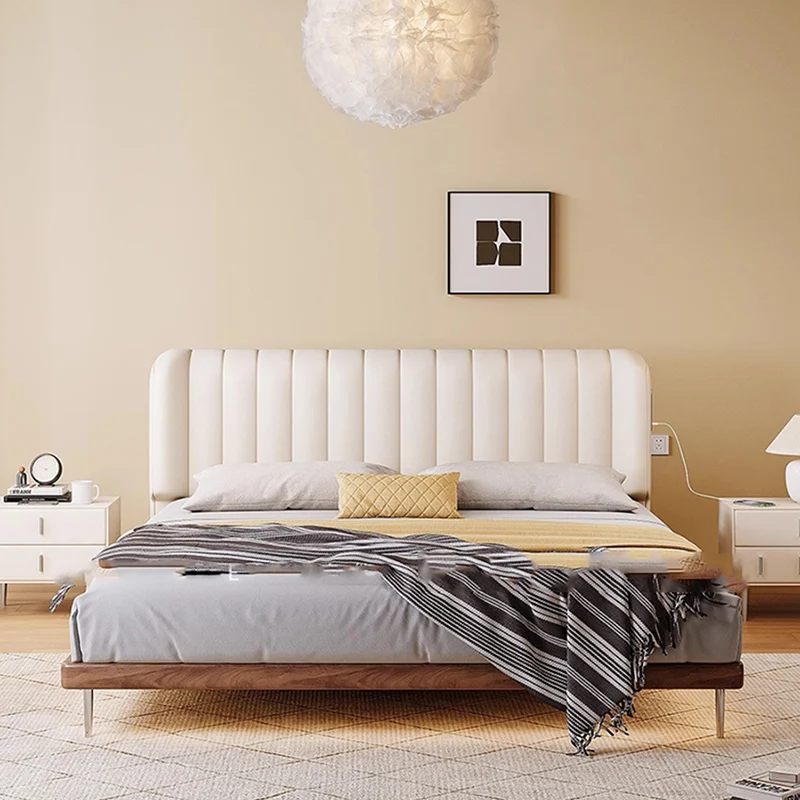White Lumbar Support Bed Frames Charging Station Modern Loft Adults Bed Frames King Size Low Lit 2