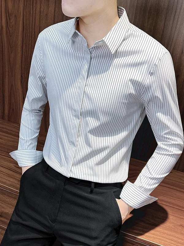 

Slim Fit Men's Striped Shirt Long Sleeve Spring Autumn Short Sleeve Summer Business Casual Shirt Premium Feel Color Woven Fabric
