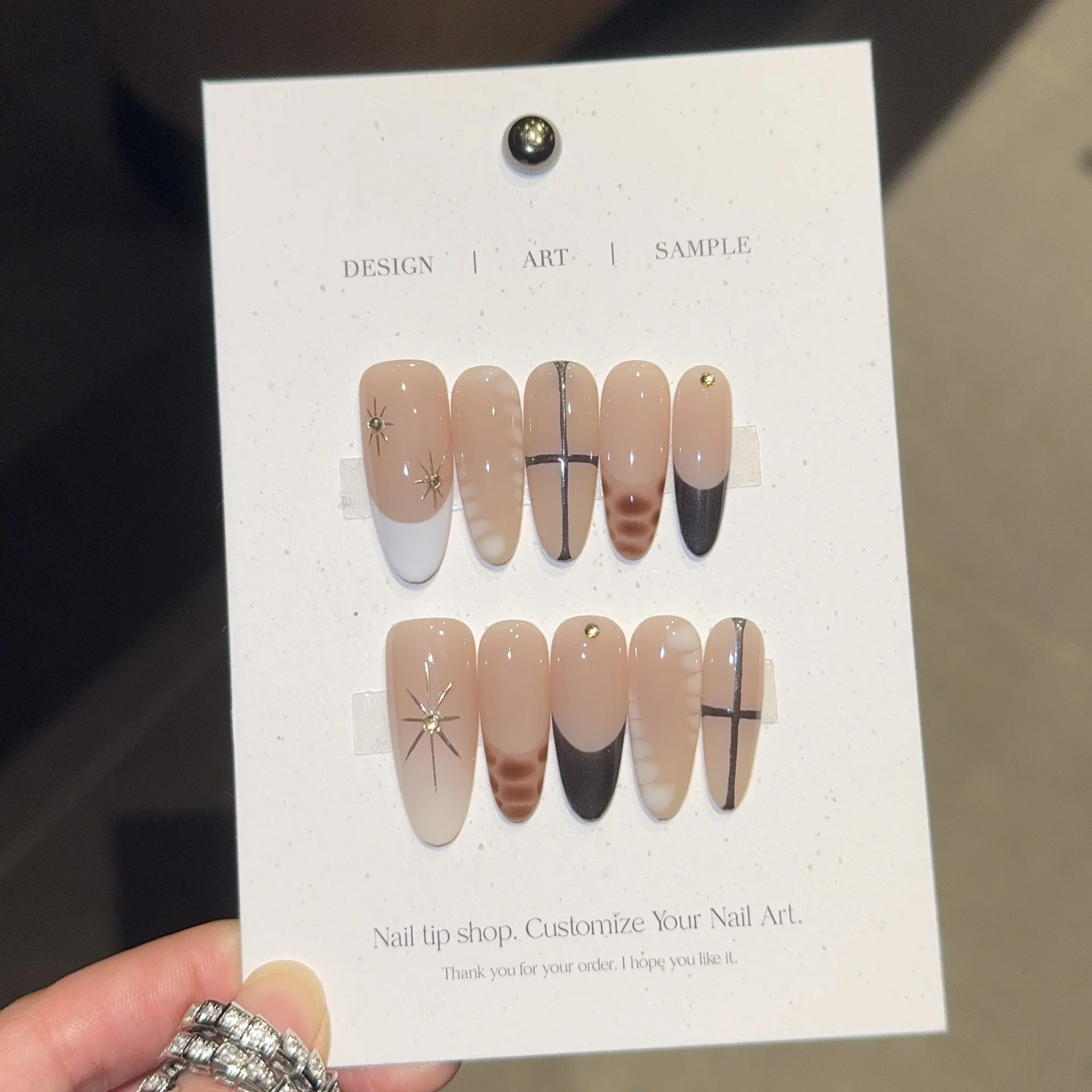 

10pcs Handmade French Long Oval Press On Nails Maillard Dyeing Gold Star Design Y2K Fake Nail Wearable Nails Art Tips For Girls