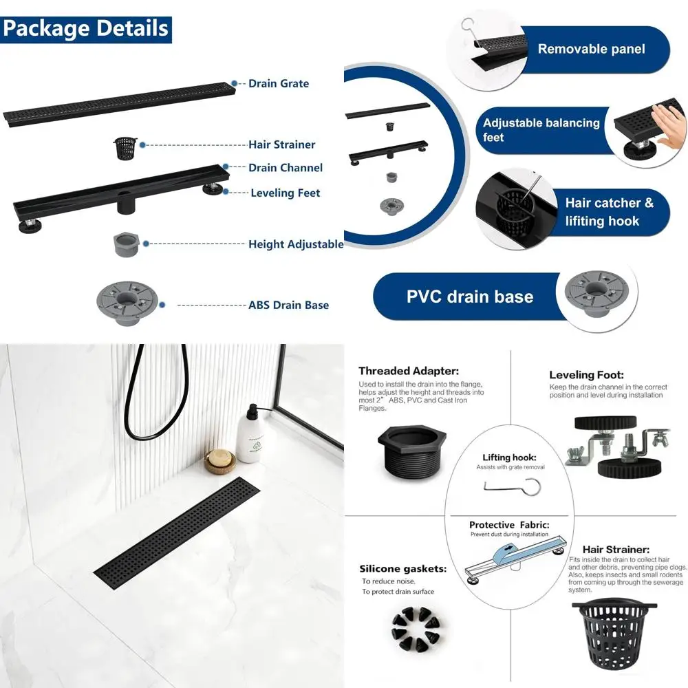 

18 Matte Black Linear Shower Drain with Stainless Steel Grate and Hair Strainer