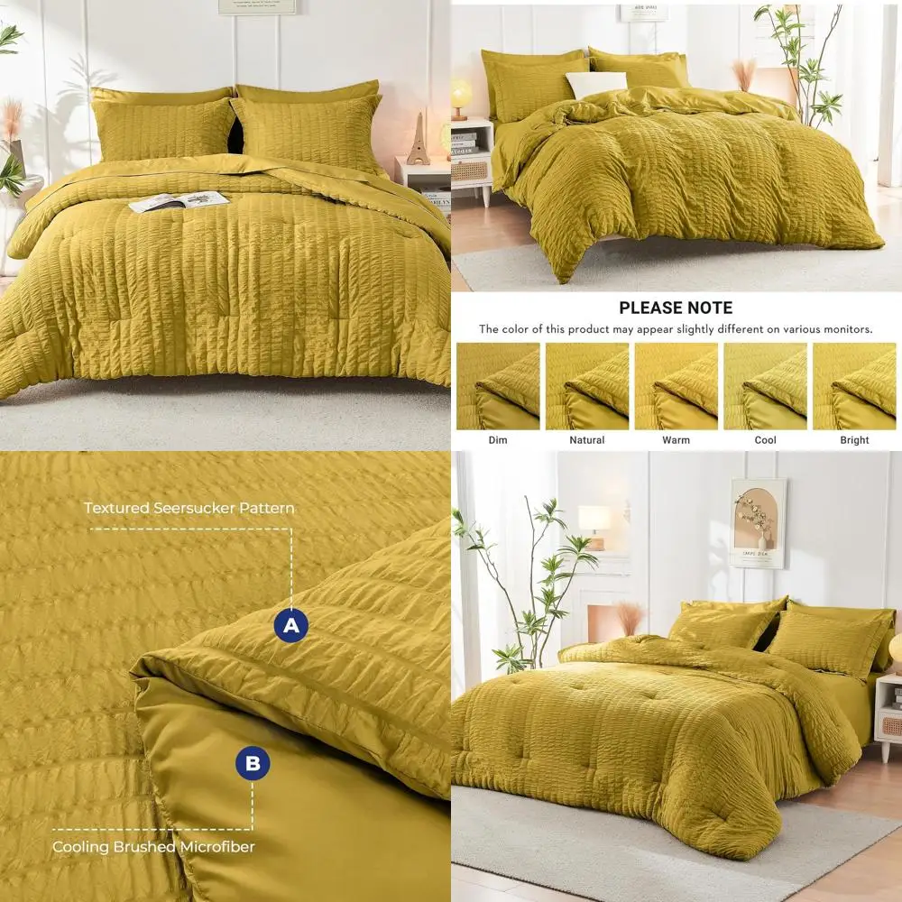 

All-Season Queen Bedding Set in Mustard Yellow with 7-Piece Seersucker Comforter, Sheets, Pillowcases & Shams