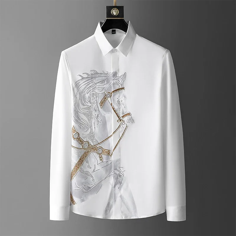 Brand Luxury Rhinestone Men's Shirt 2021 Autumn Long Sleeve Slim Casual Shirts Business Social Formal Dress Shirts Streetwear