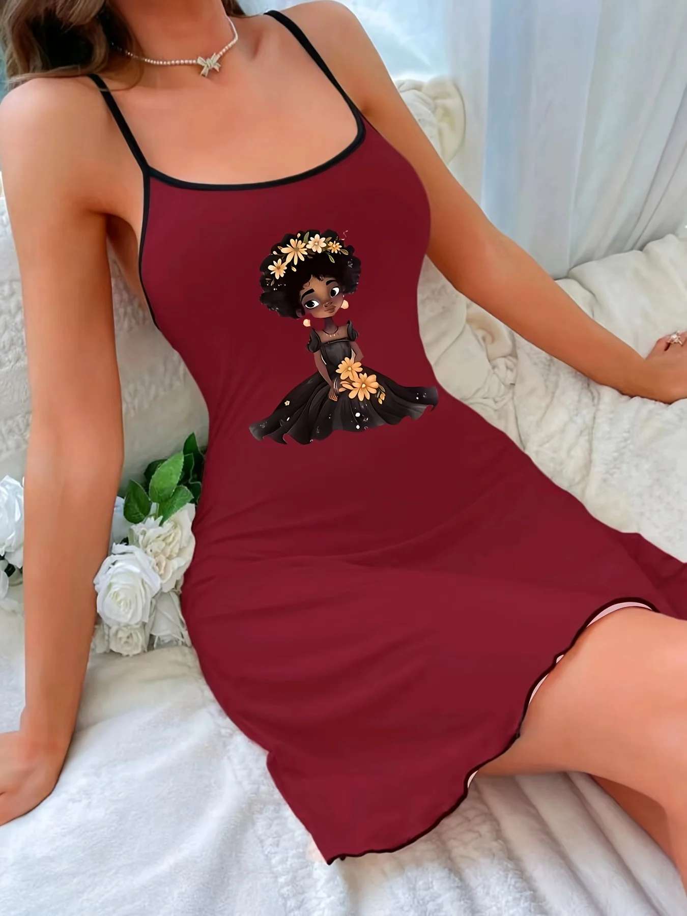 Adorable Cartoon Girl Print Slip Lounge Dress - Flirty Lettuce Trim  Round Neck  Backless Design - Womens Comfy Home Dress