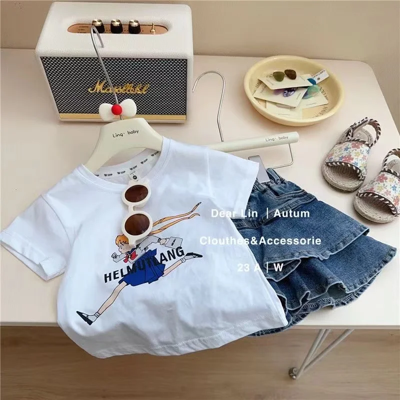 Korean Children\'s Clothing Set For Girls 2024 Summer New Sweet Cotton Cartoon Short Sleeve T-shirt Denim Skirt Two Piece Set