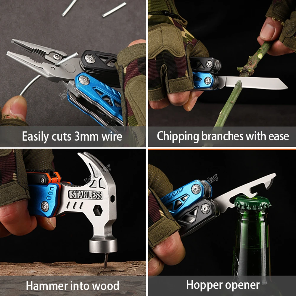 Multifunctional Claw Hammer Outdoor Camping Multi Tools Folding Knife Plier Multitool Adjustable Spanner Screwdriver Bits