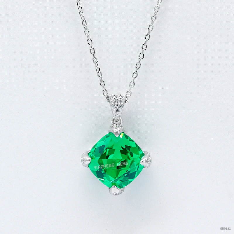 

New design lab grown tsavorite cushion cut S925 Sterling chain Silver plated diamond pendant gemstone jewelry necklace for women