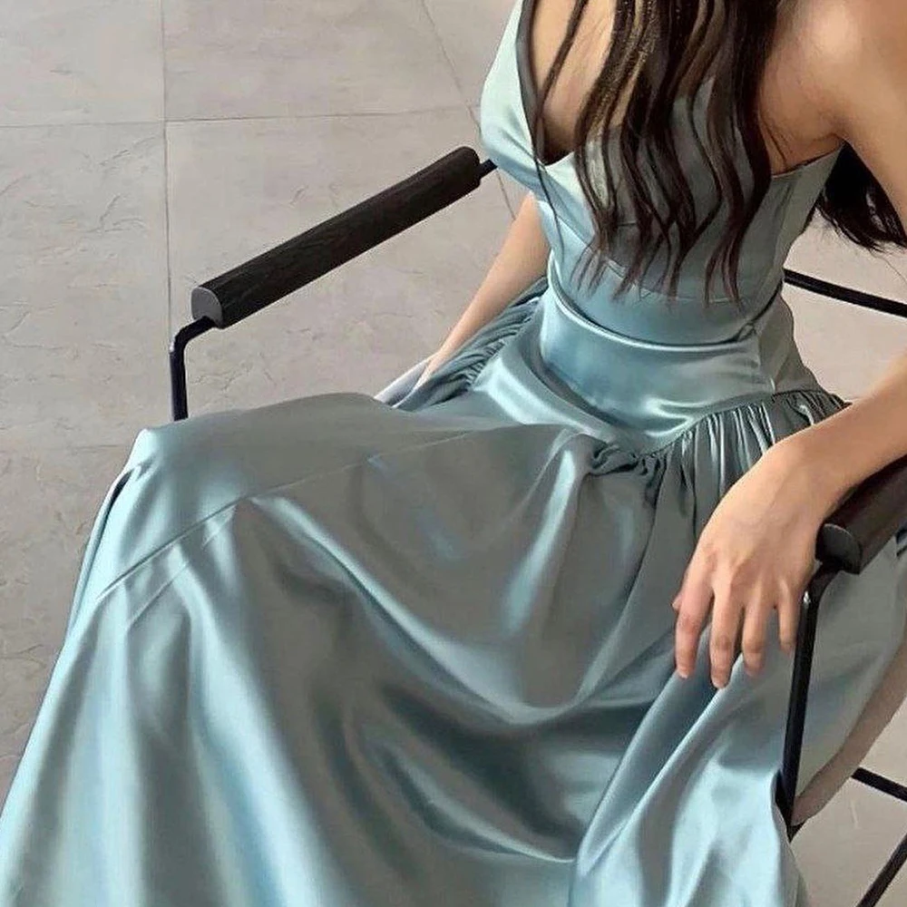 Customized High Quality Draped Sweetheart Tea Length A-Line Satin Evening Dress Delicate Sleeveless Girdling Vestidos Para Mujer