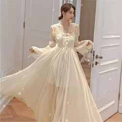 Bride Lace Mesh Bathrobe Wedding Nighty Gown Women Long Sleeve Sleepwear Sexy Nightgown Kimono Robe Summer New Nightwear