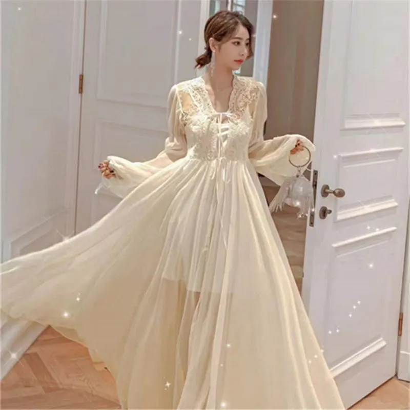 Bride Lace Mesh Bathrobe Wedding Nighty Gown Women Long Sleeve Sleepwear Sexy Nightgown Kimono Robe Summer New Nightwear