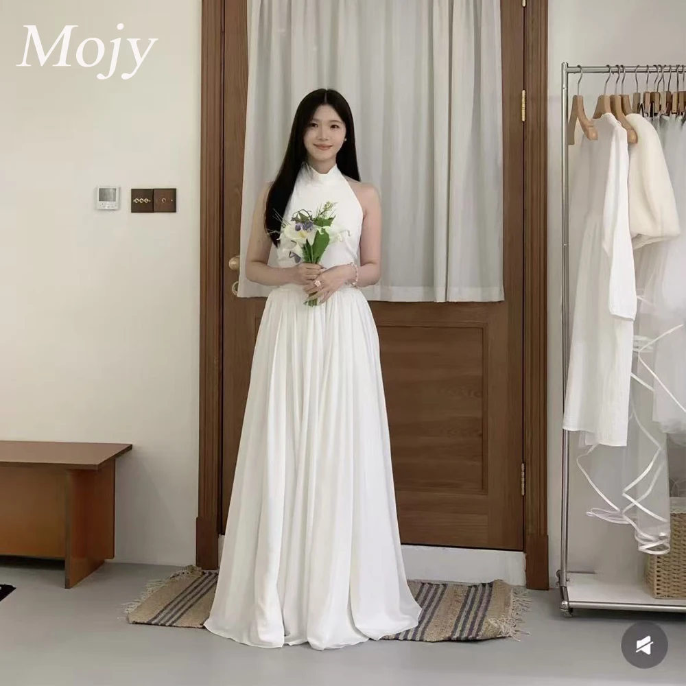 

Mojy Simple A Line Halter Korea Weddding Dresses O-Neck Floor Length Bridal Gowns Long Tulle Veil Zipper Or Lace Up Back