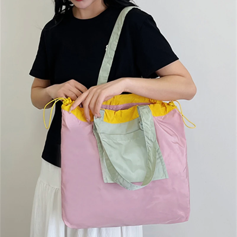 Pink Folding Shopper Drawstring Pouch Large Capacity Storage Bags for Women Color-matching Waterproof Travel Wash Bag