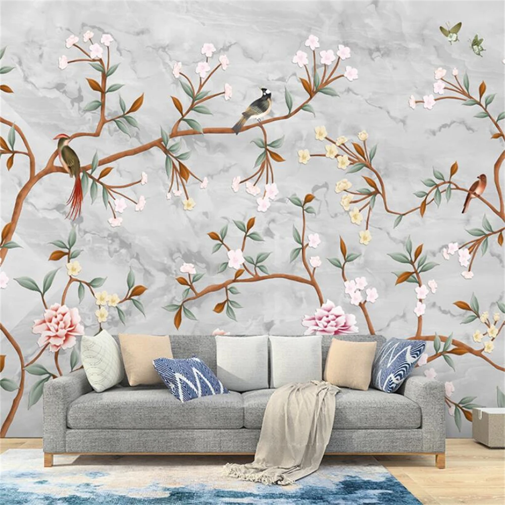 custom French flower bird wallpapers for living room TV background floral wall paper TV background wall cloth wall wallpaper 3D