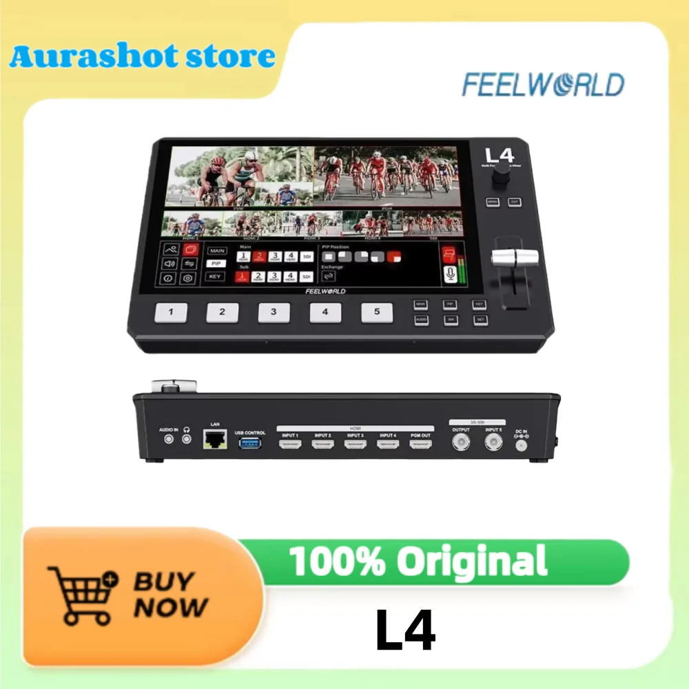 FEELWORLD L4 Switcher multicamera 4xHDMI 1xSDI USB3.0 Streaming live LCD 10,1" 13 transizioni 5 modalità PIP 1080p