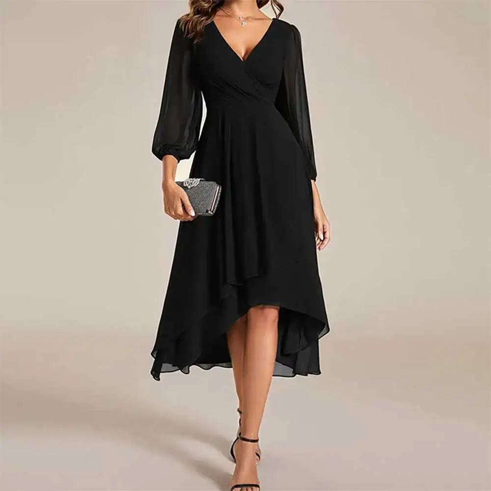 Vestido de noche elegante con cuello en V, vestido de fiesta de graduación de gasa con dobladillo alto y bajo, vestido plisado para cóctel, dama de honor, vestido de invitados de boda 2025