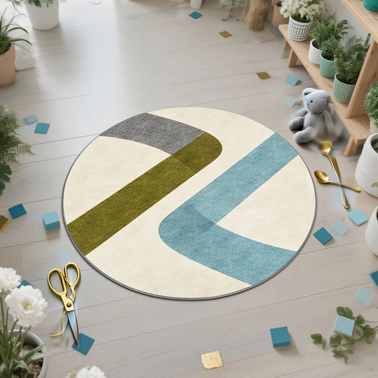 Stylish Curved Shape Motif Area Carpet Anti Slip Round Doormat For Supermarket Gym Dance Studio Restaurant