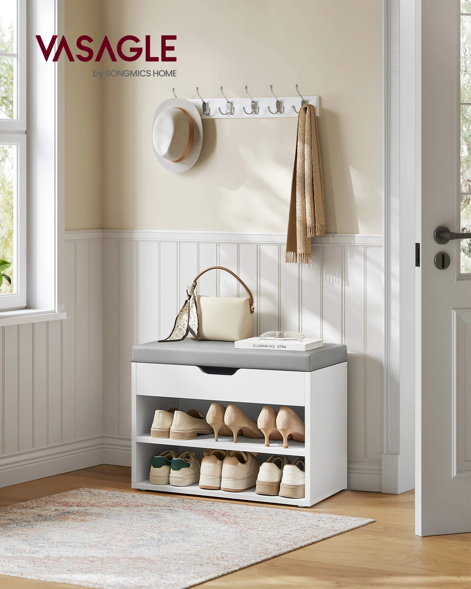VASAGLE Bench Bench schoenenrek met gewatteerd kussen, 3-niveau schoenenorganizer, 30x60x44 cm voor gang