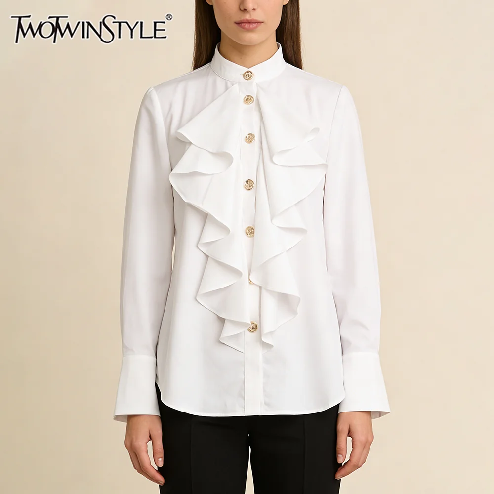 

Элегантные белые блузки TWOTWINSTYLE с высоким воротником и рюшами для женщин, с длинными рукавами и золотыми пуговицами, для ретро-вечеринок