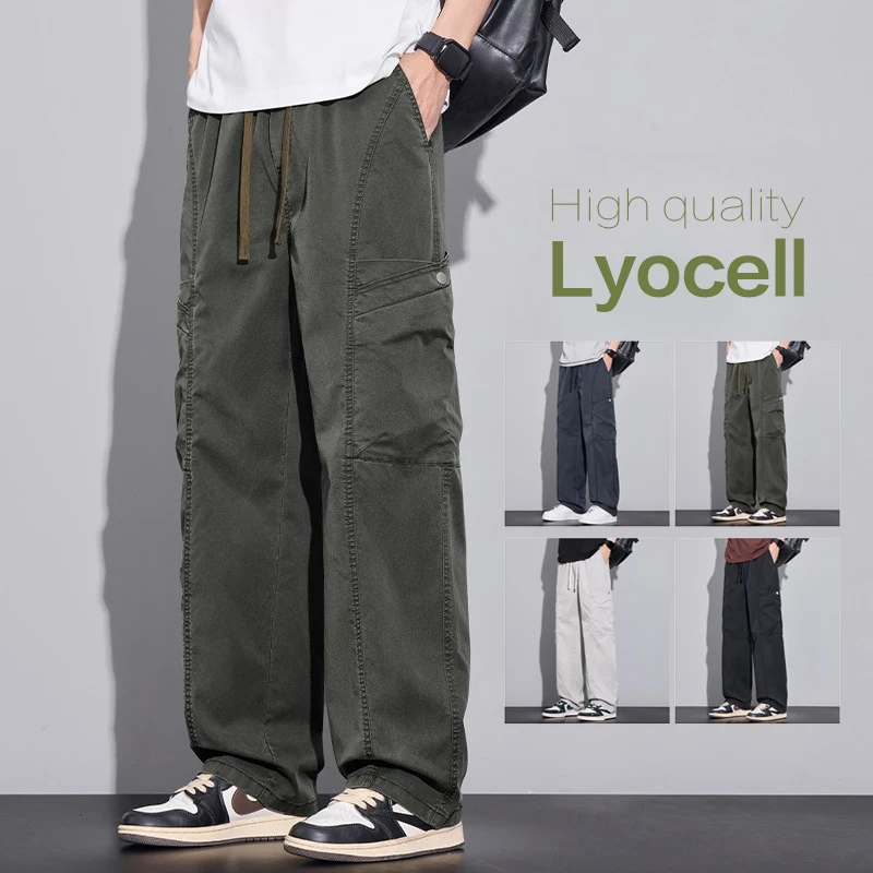2026 New Arrival Men's Cargo Jeans Straight Leg Casual Pants Summer Lyocell Denim Trousers Multi Functional Pocket Work Trousers