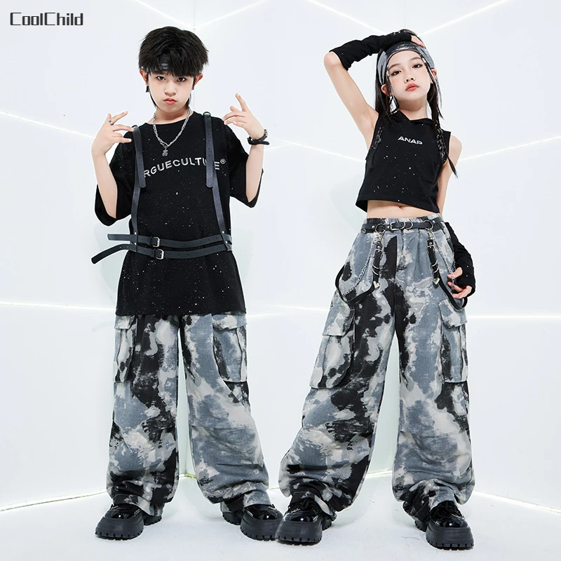 Girls Hip Hop Cool Crop Hoodies Tie Dyed Cargo Pants Boys Street Dance T-shirt Kids Streetwear Teens Costumes Jazz Clothes Sets