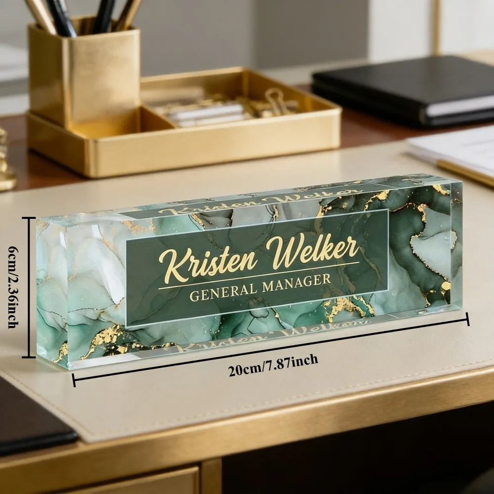 Custom Marble Acrylic Desk Name Plate, Personalized Name Title Contact Info, UV‑Resistant Sign for Boss Staff Teacher Office Gif
