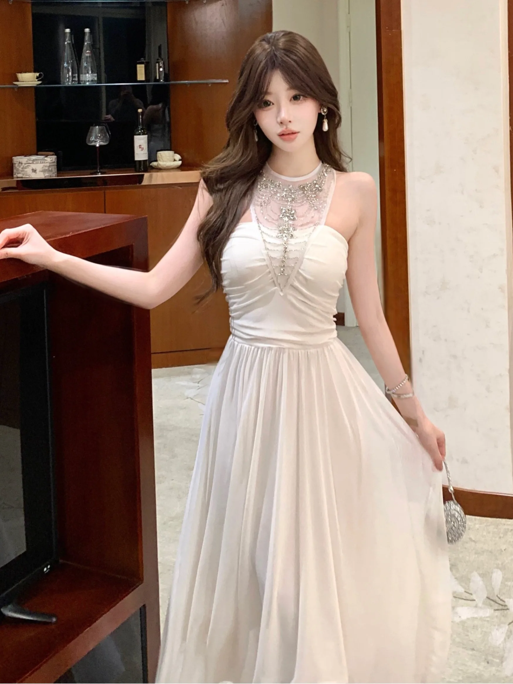 

Длинное платье с преувеличенным бриллиантовым ожерельем на день рождения, сексуальная юбка-миди с открытыми рукавами для праздника Cwalk