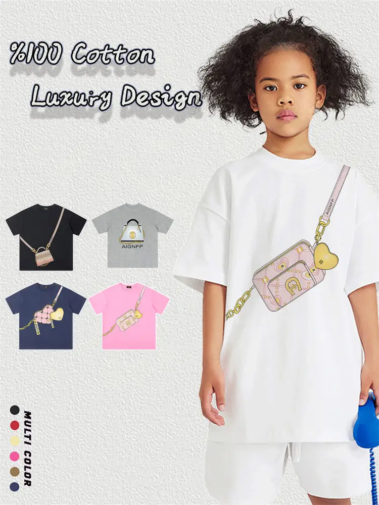 

Cute Sweet Child T-shirt Summer Girls Clothes 2025 Casual Street Short sleeve Heart Bag Print Tees Fashion Kids Round Neck Tops