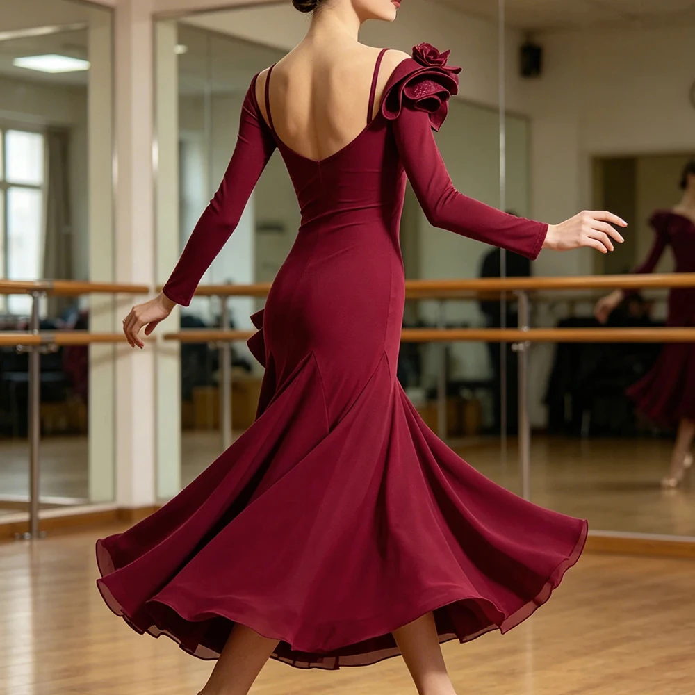 2026 New Ballroom Dance Competition Dress Lotus Leaf Lace Collar Women\'s Waltz Standard Clothes Long Sleeve Modern Dance Costume