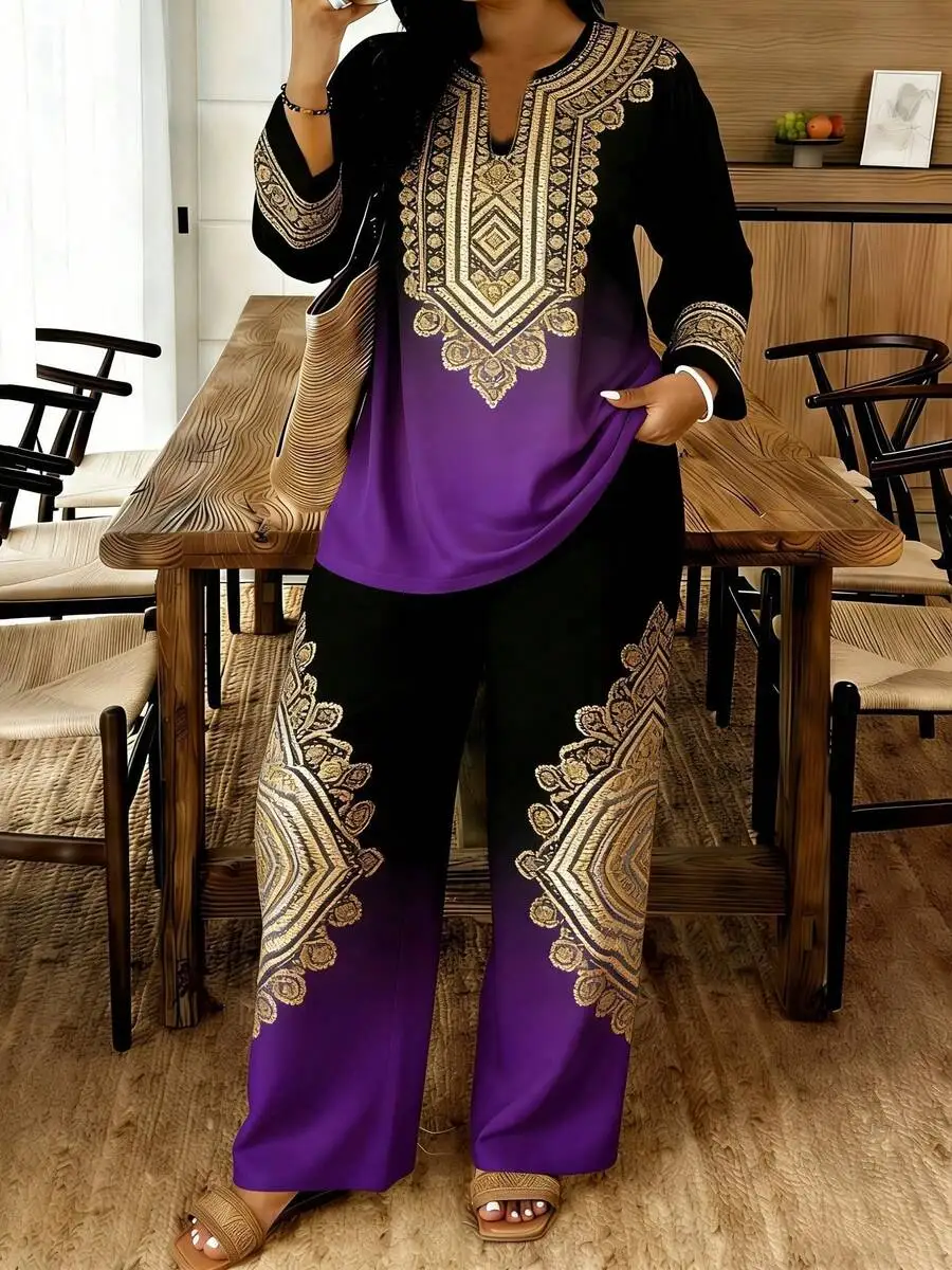 

Plus Size Black Purple Gradient Embroidered 2 Piece Set V Neck 3/4 Sleeve Top With Pocket Elastic Waist Wide Leg Pants Casual